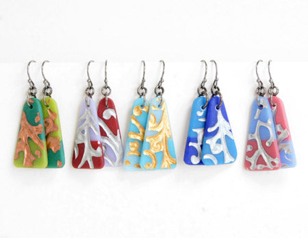 5 sample pairs of mismatched color blocked triangle glass drop earrings