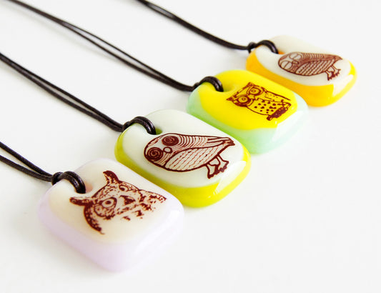 Limited batch of colourful glass owl necklaces
