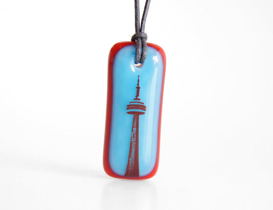 CN Tower necklace in aqua blue and red.