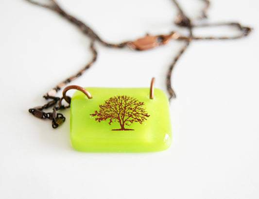 Tree necklace in spring green on antiqued copper chain