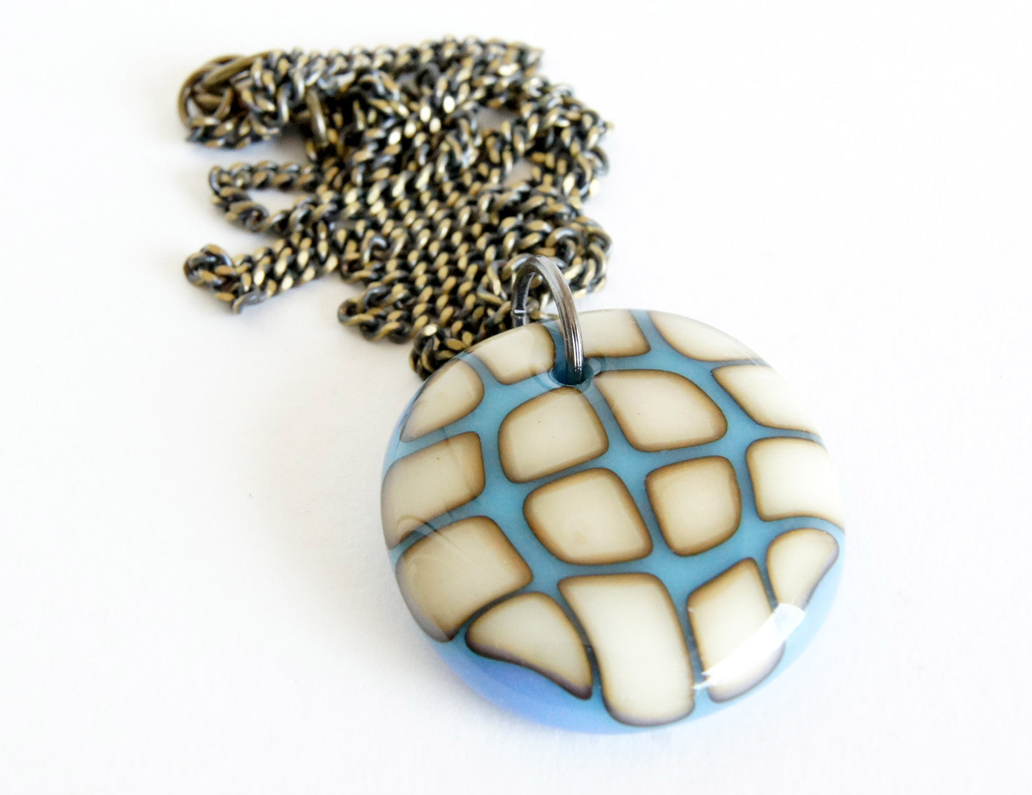 large glass handmade necklace in colourful periwinkle and turquoise glass on chain