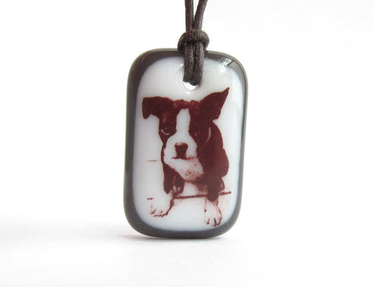Boston Terrier Puppy Necklace in black and white.