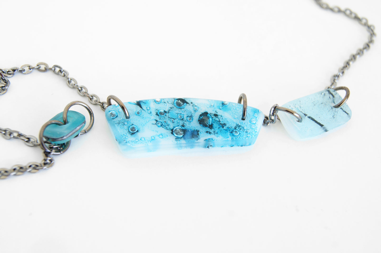 Blue Copper Patina Glass Piece Necklace, adjustable long chain