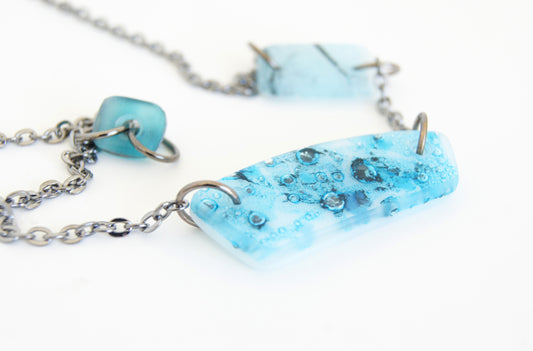 Blue Copper Patina Glass Piece Necklace, adjustable long chain