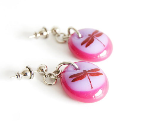 cute pink dragonfly drop earrings