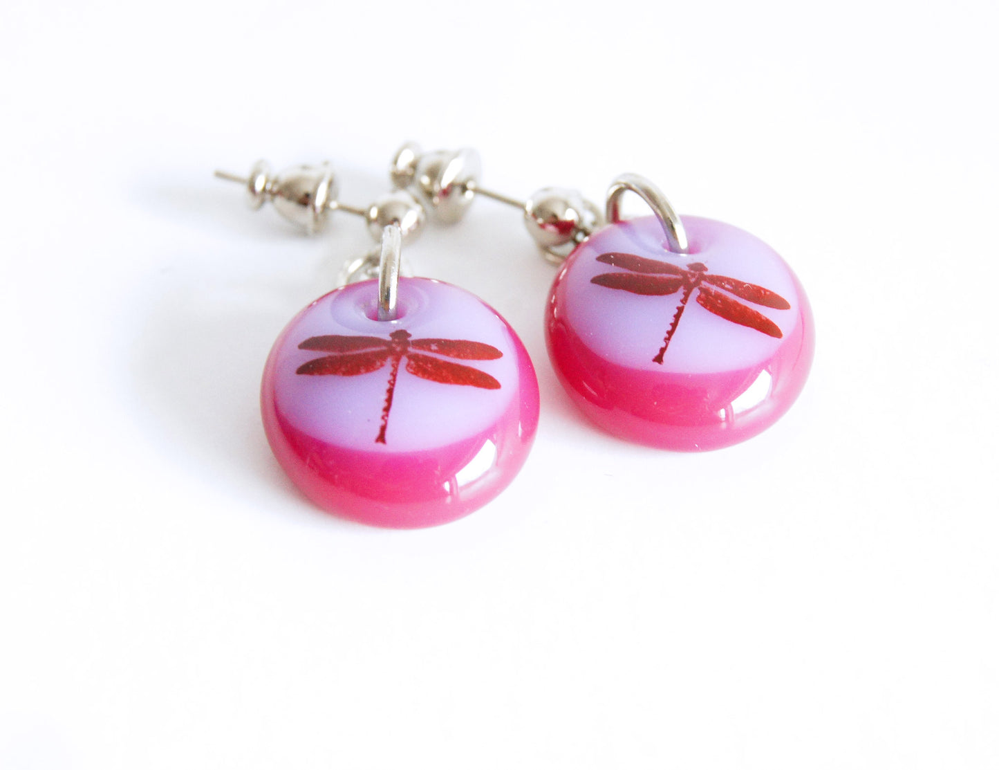dragonflies on rose pink and lavender glass drops