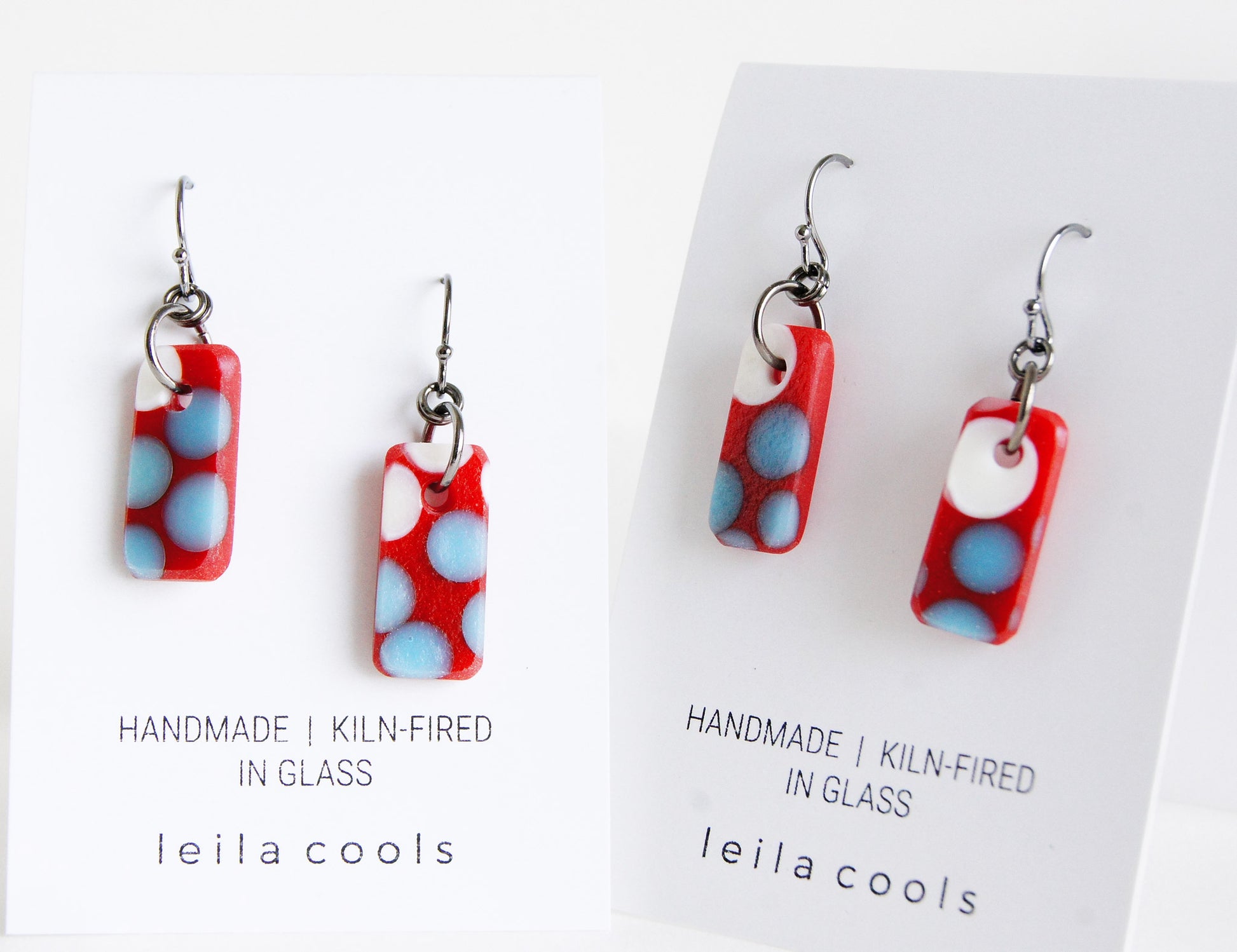 red and blue glass earrings handmade, frosted glass.