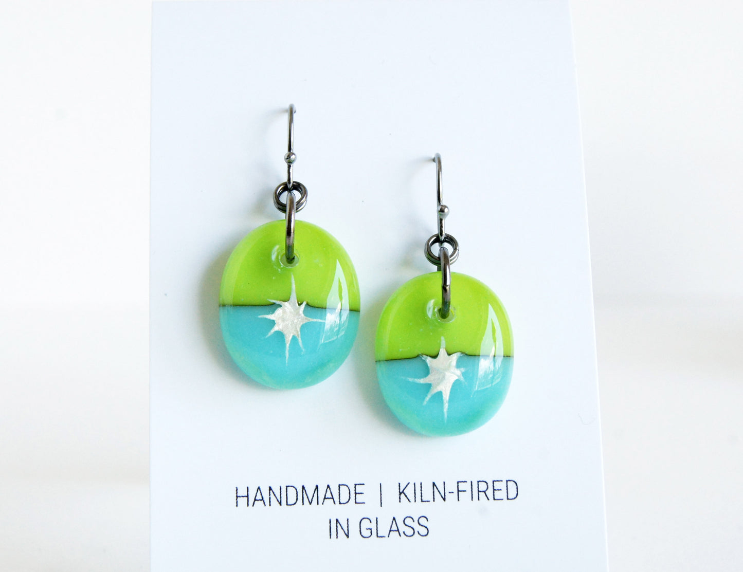 Silver Star Earrings - Light Olive and Turquoise