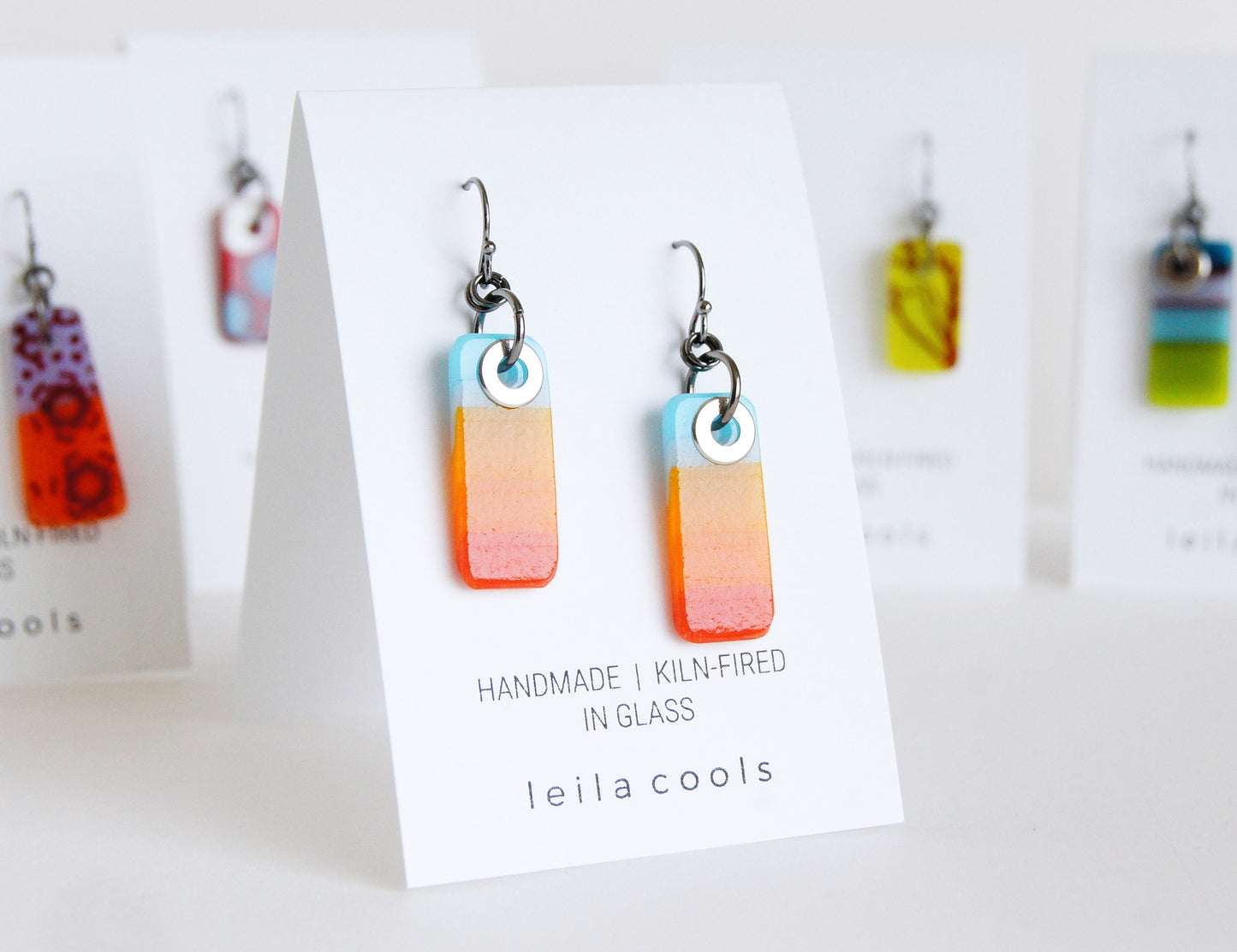 Rectangular colorful earrings handmade in glass