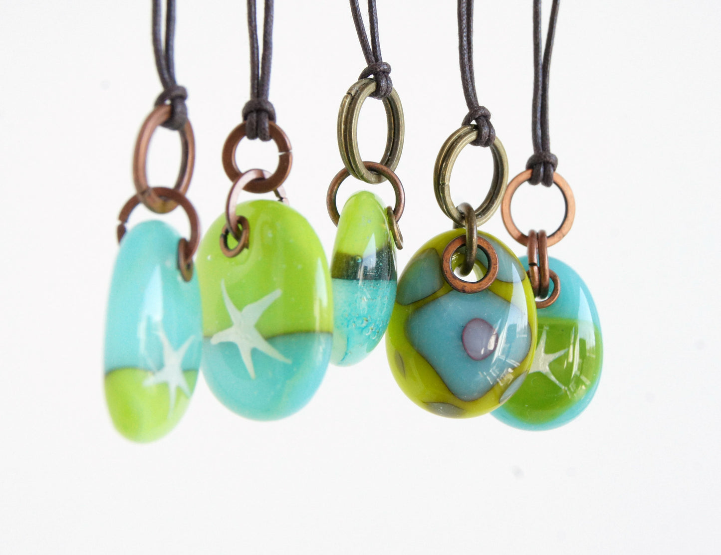 Turquoise + Green Glass drops with Copper, Brass