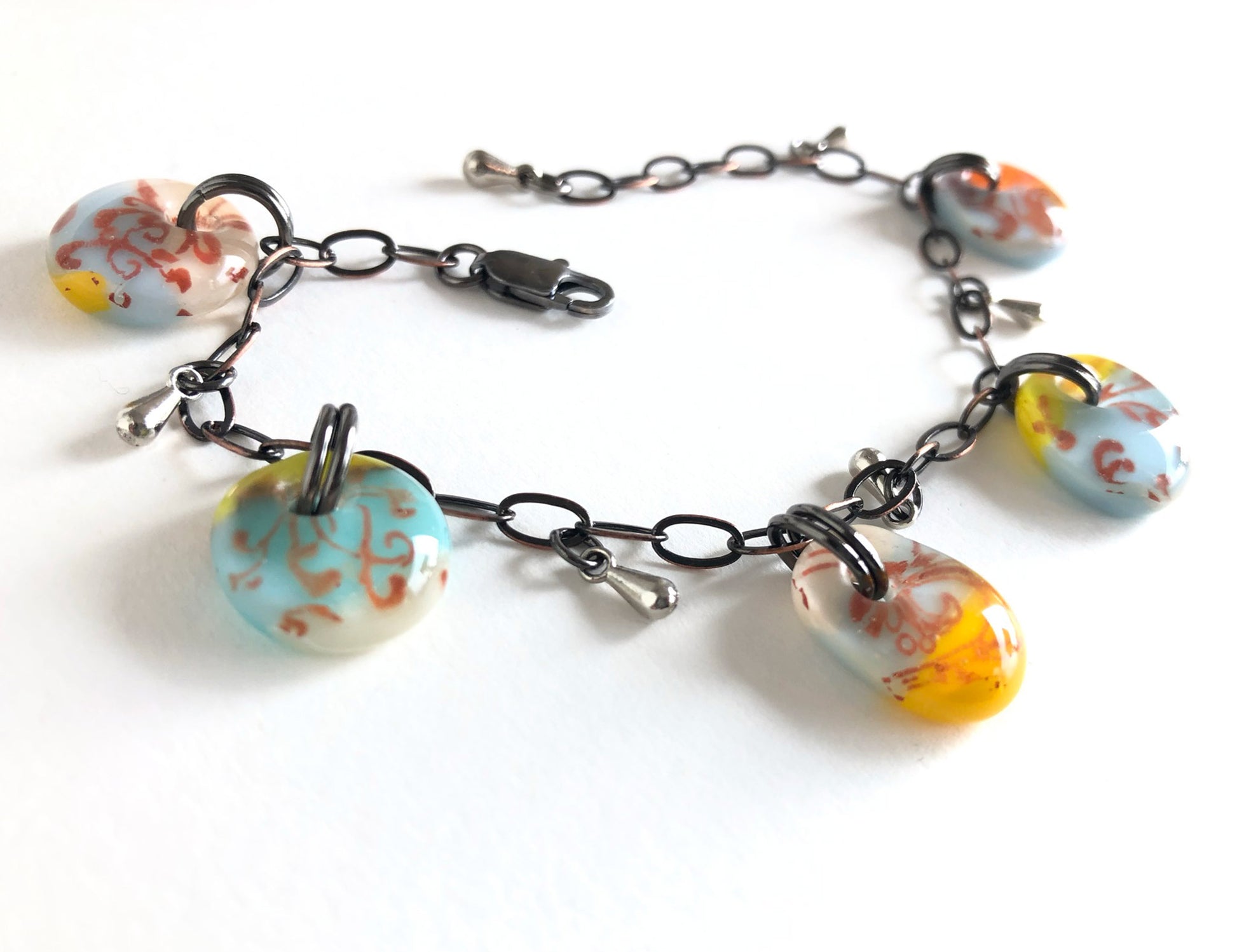 Vintage colors glass drop adjustable one of a kind bracelet.