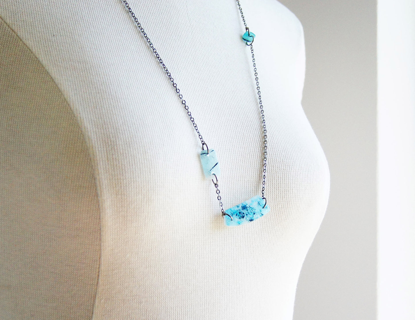 Blue Copper Patina Glass Piece Necklace, adjustable long chain