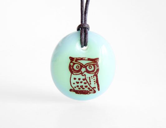 Original owl jewelry in pastel green and blue.