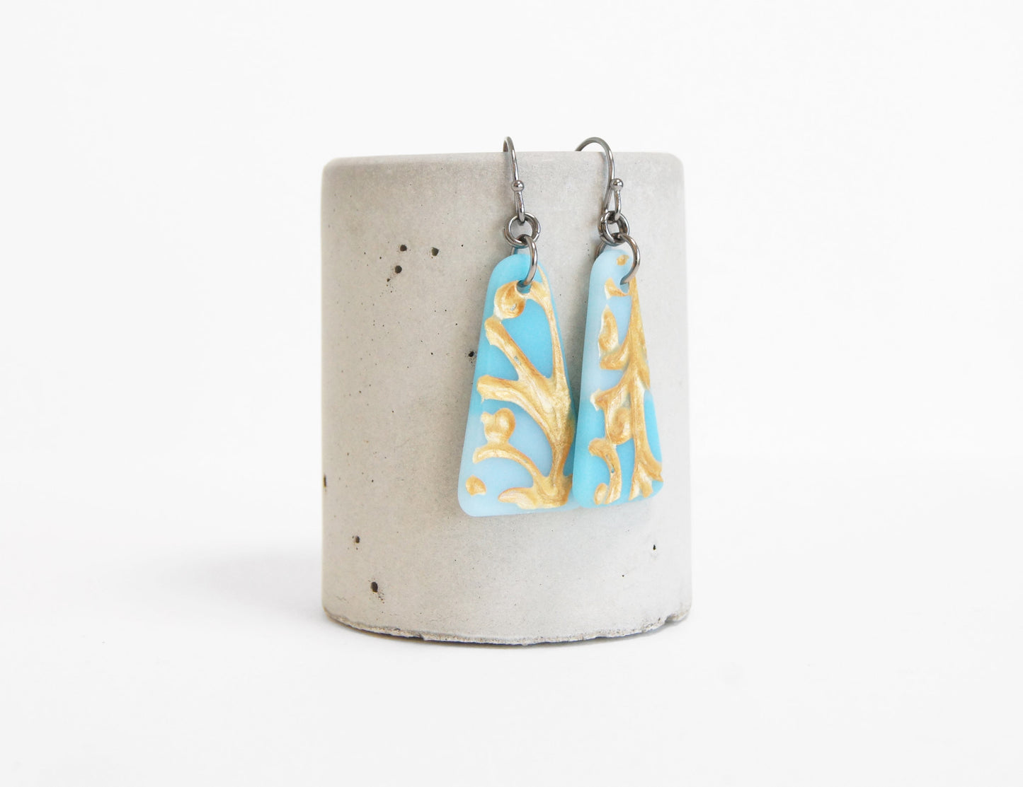 matte glass aqua blue earrings with gold