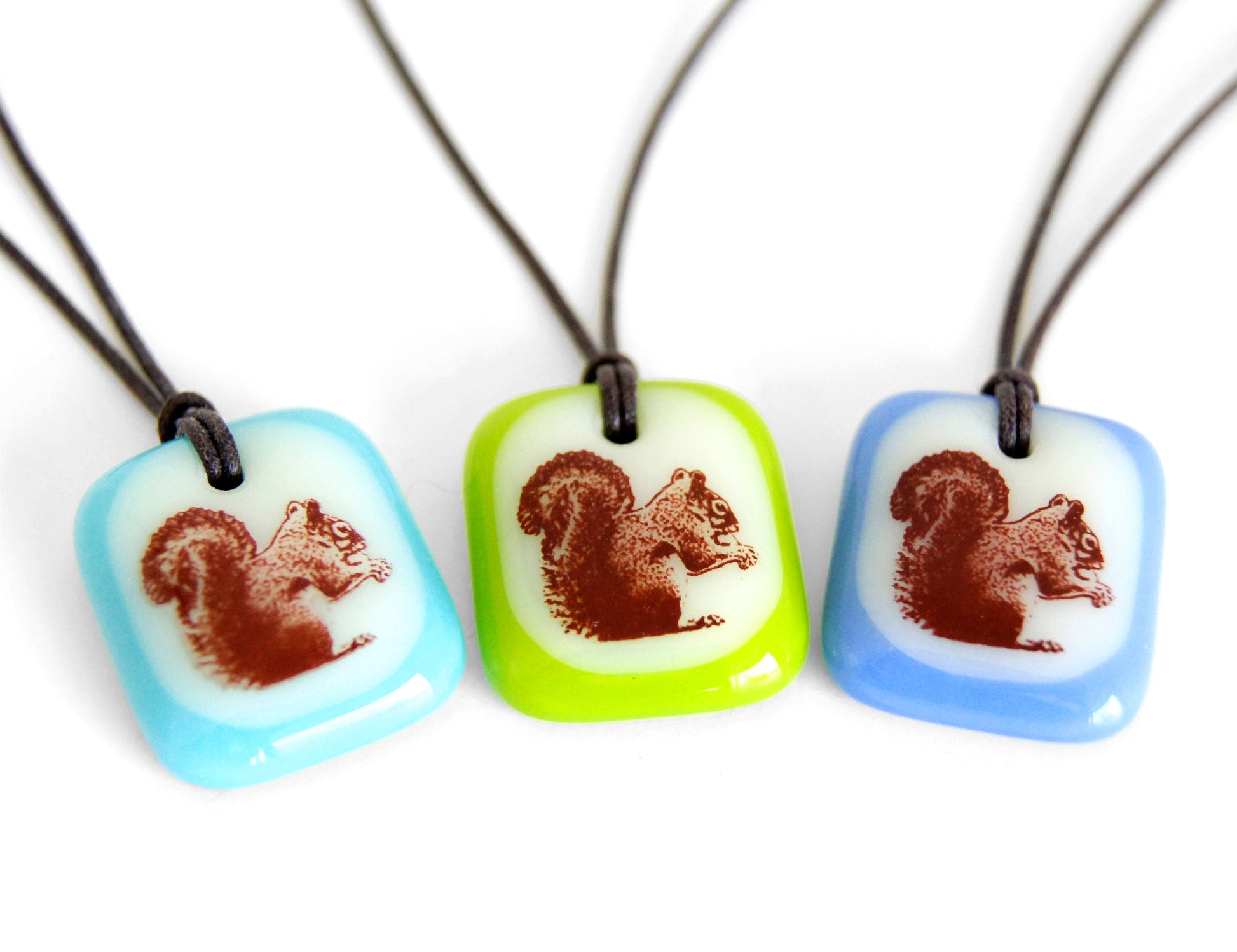 Squirrel necklaces in multi colours. 