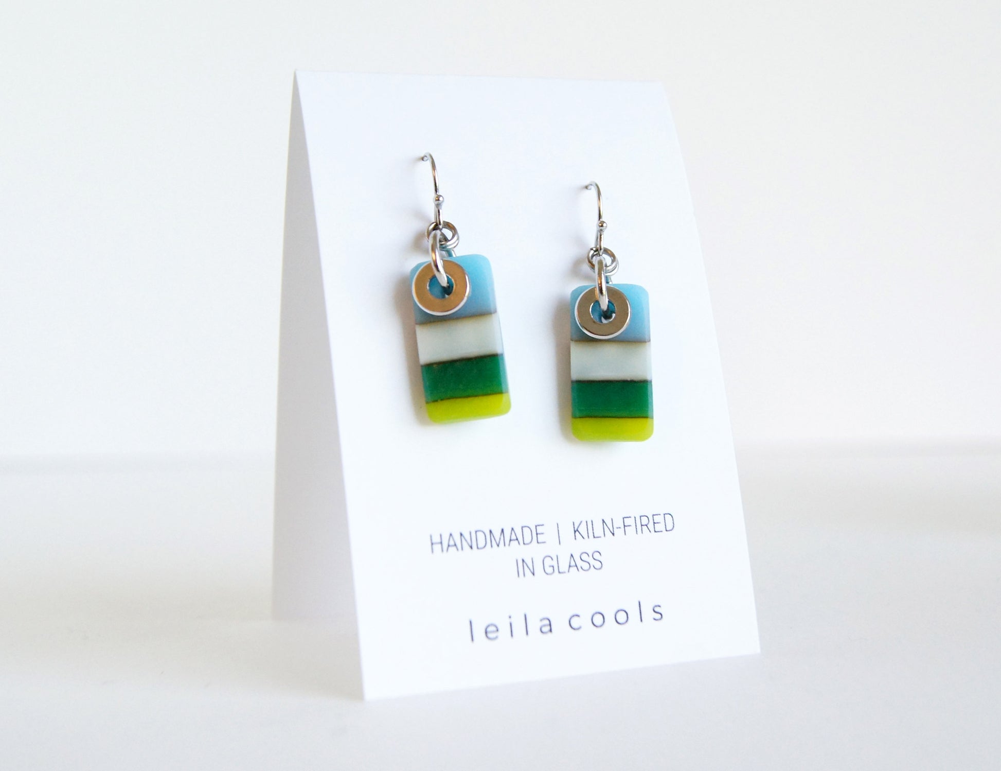 color block earrings handmade in blue and green glass