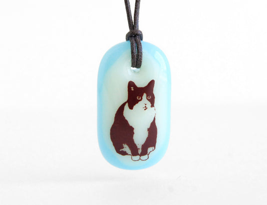 Cute Tuxedo cat necklace handmade in glass