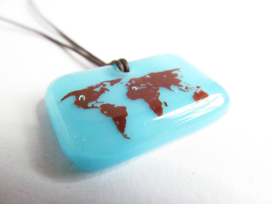 World map necklace in aquamarine blue glass.