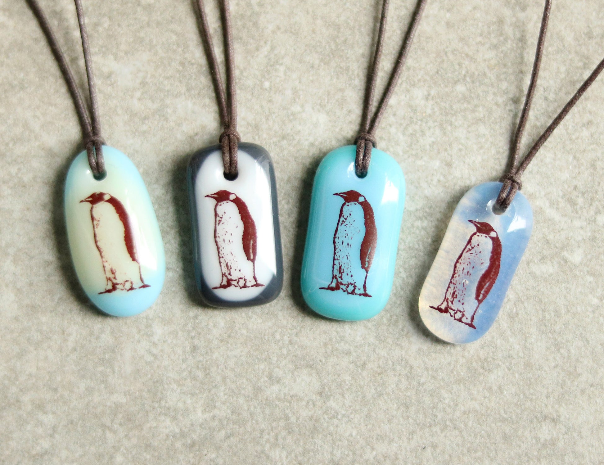 penguin necklace handmade glass pendant light four color options in cream and ice blue, charcoal and white, turquoise, opaline