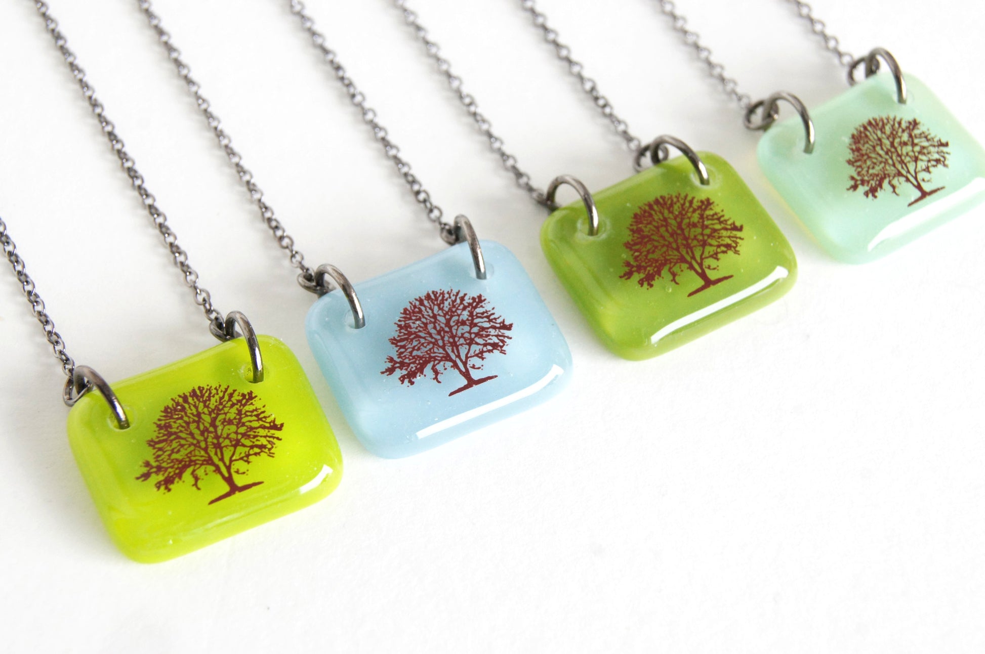 Handmade glass apple tree necklaces with gunmetal chain