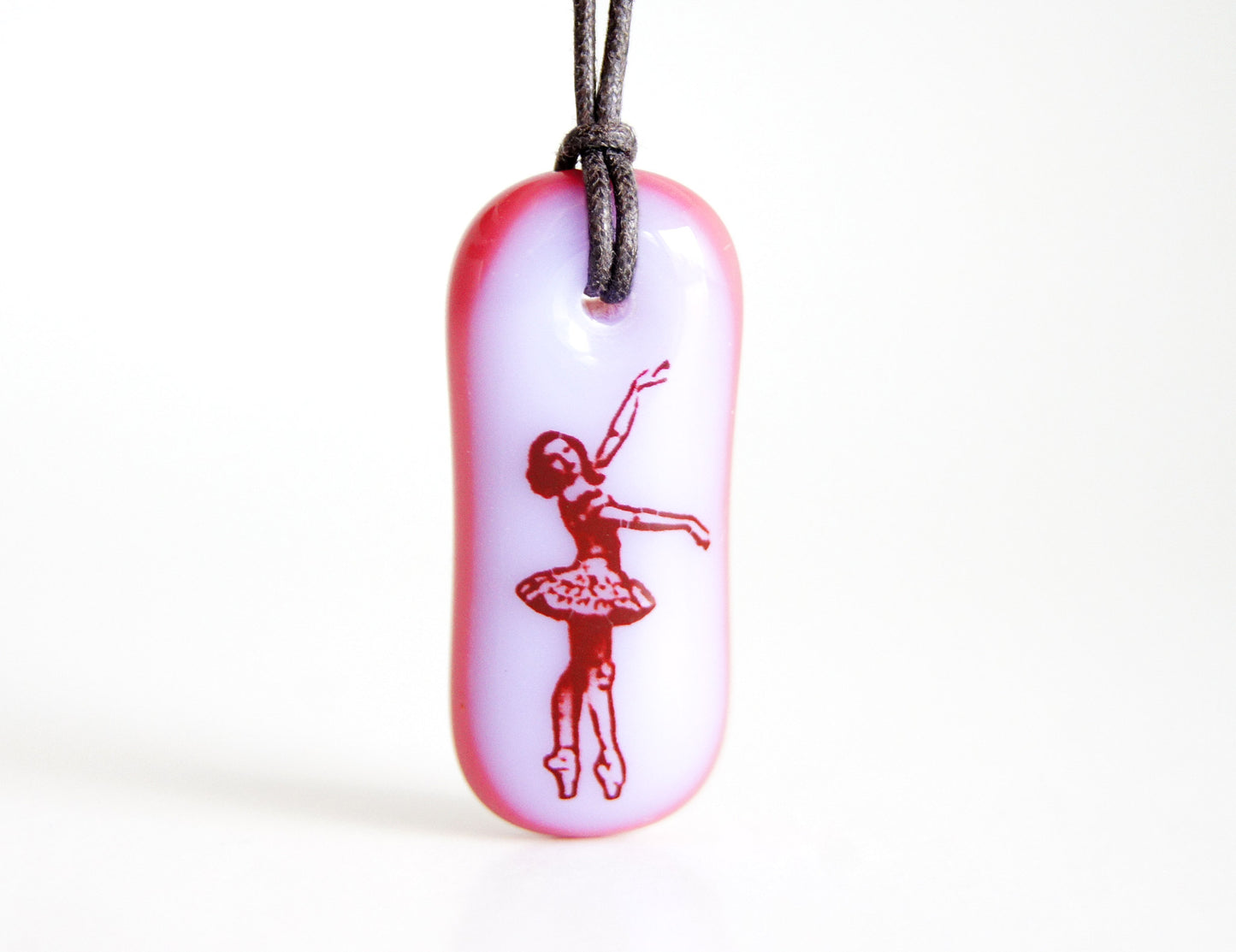 handmade pink and lavender fused glass pendant necklace for ballet lovers