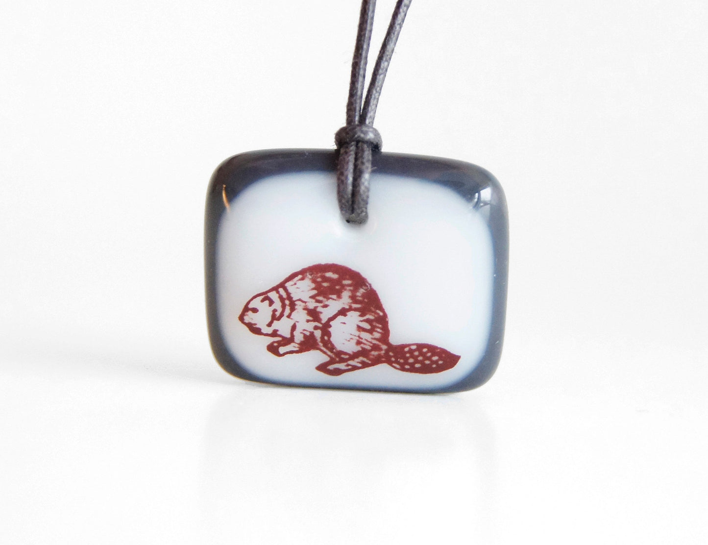 fun handmade beaver necklace in white and charcoal 