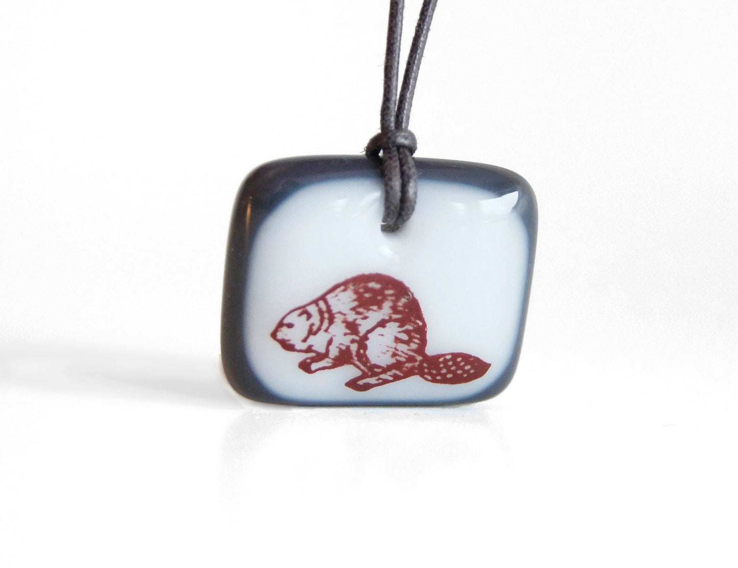Canadian beaver necklace handmade in white and charcoal glass 