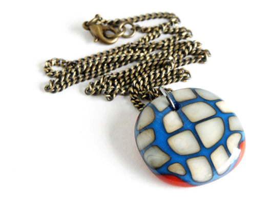 Large bold statement pendant necklace handmade in royal blue and red glass on dark brass chain