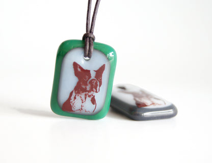 Boston Terrier pendant necklace in green.