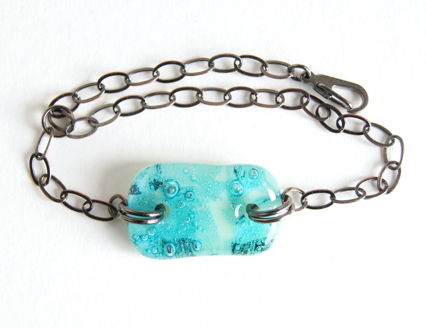 Handmade art glass turquoise and aquamarine bracelet.