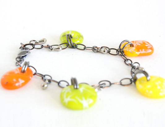 Citrus yellow, lime green and orange glass drop adjustable one of a kind bracelet.