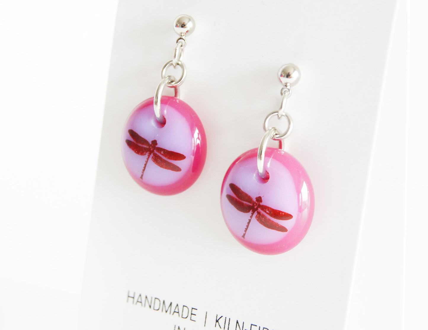 pink dragonfly earrings handmade in glass