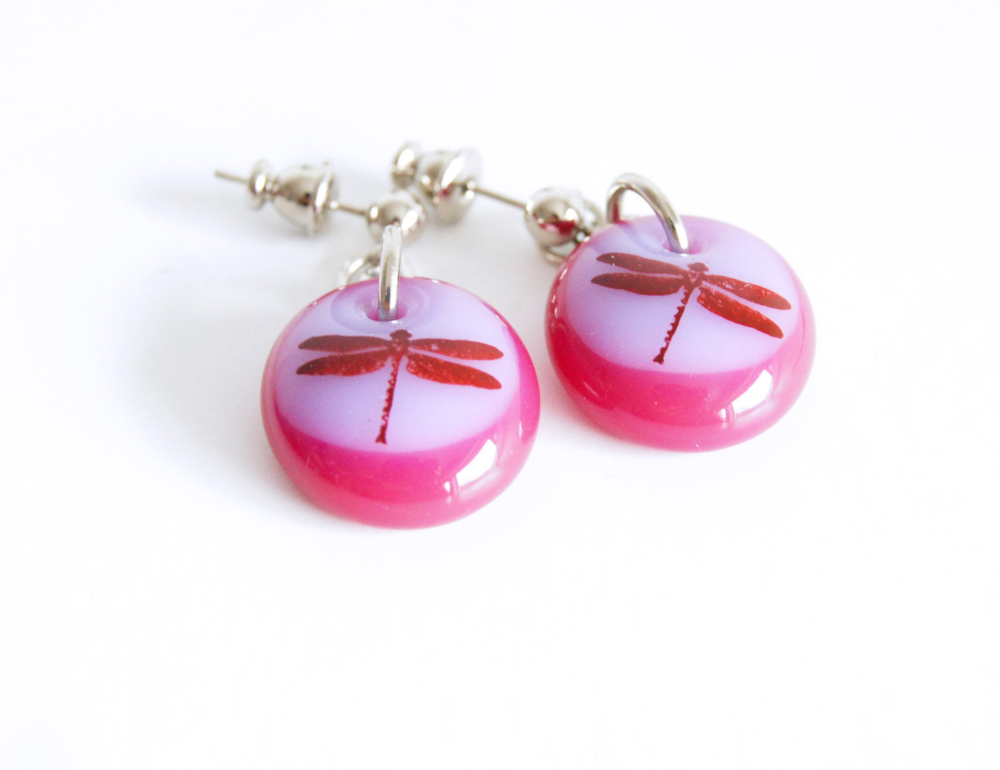dragonflies on rose pink and lavender  glass drops