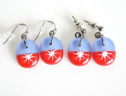 Silver Star Earrings - Periwinkle and Red