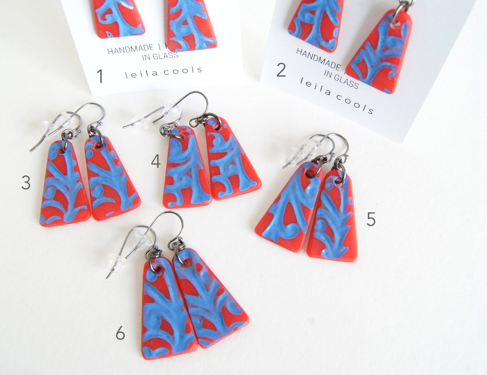 your choice of six pairs handmade red triangle drop earrings