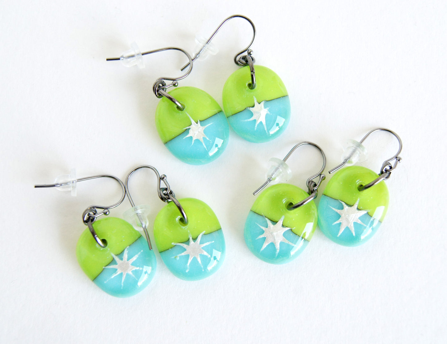 Silver Star Earrings - Light Olive and Turquoise