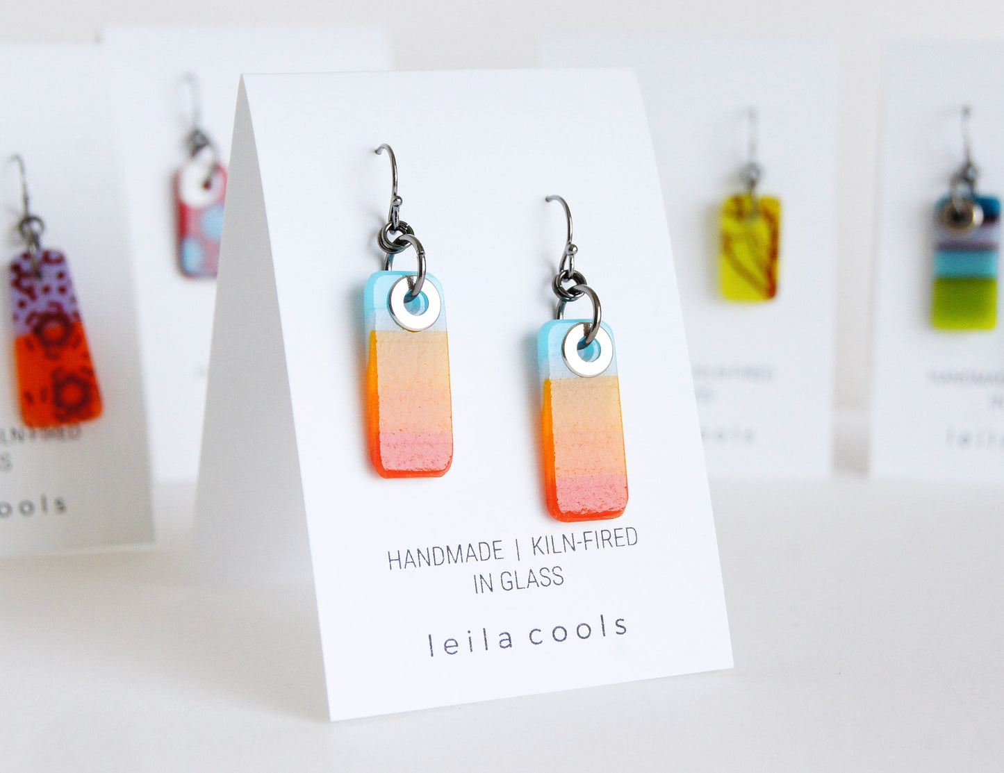 Rectangular colorful  earrings handmade in glass