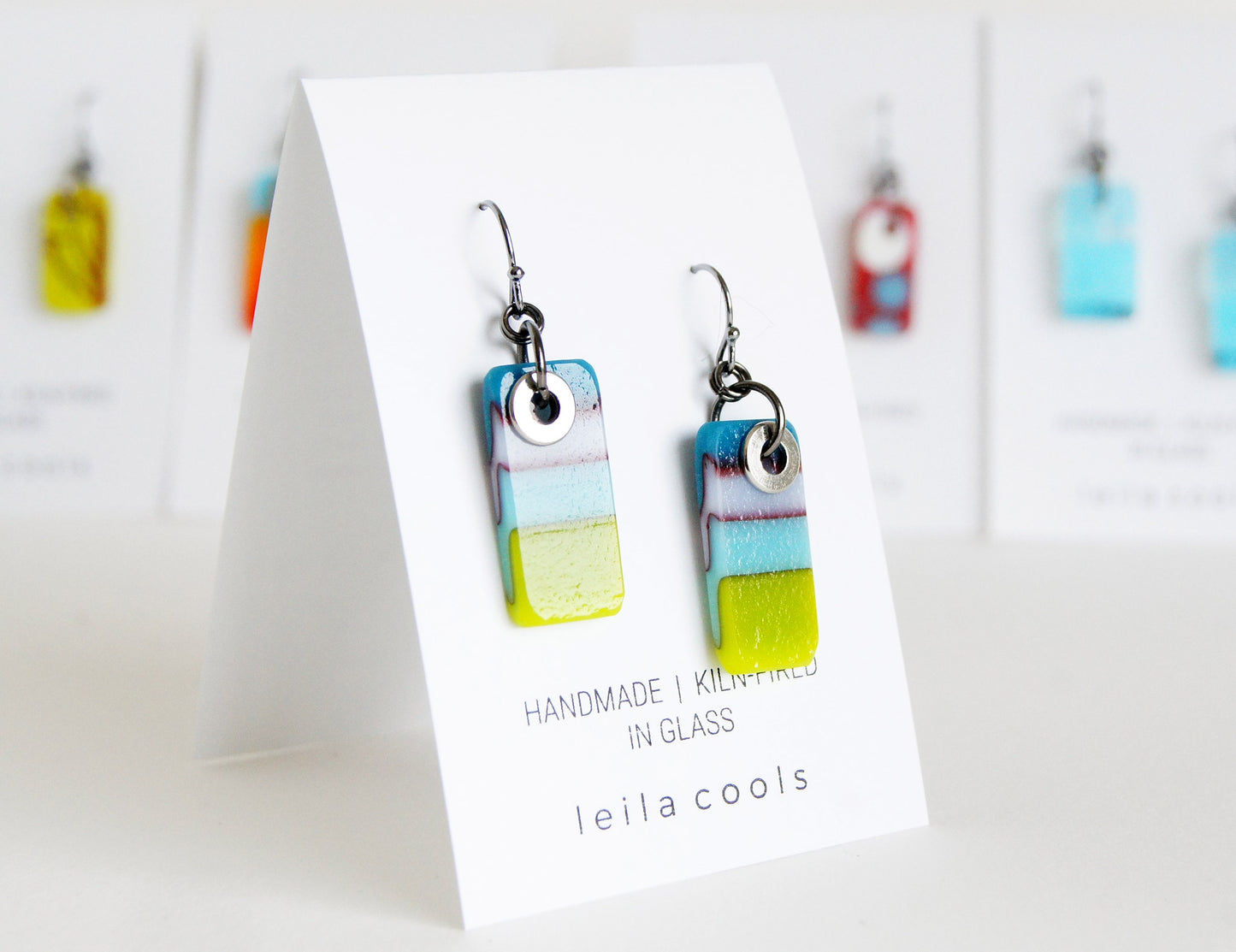 delicate rectangle glass earrings and blue and green