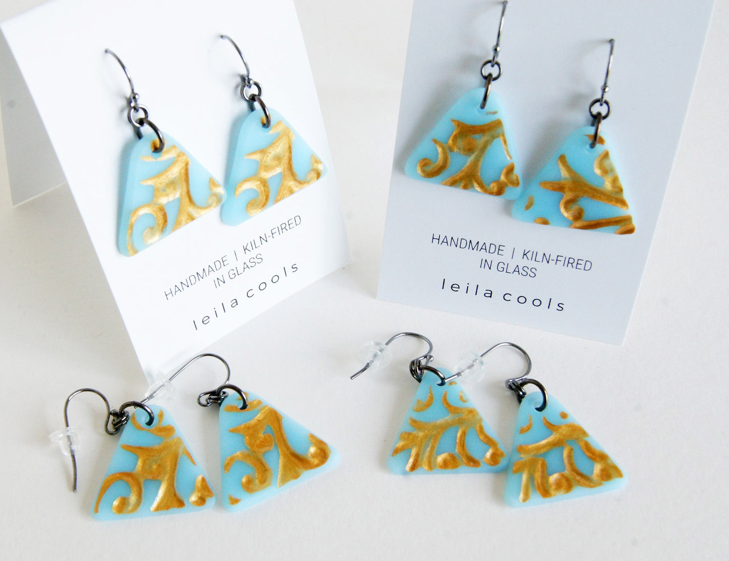 small batch artisan earrings in pale aqua and gold