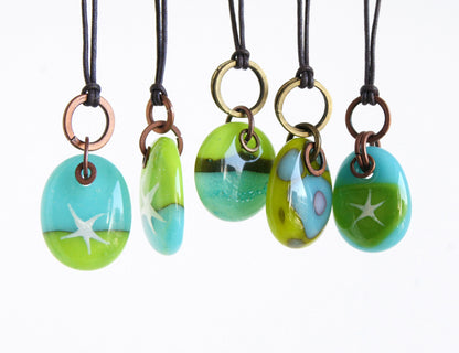 Turquoise + Green Glass drops with Copper, Brass