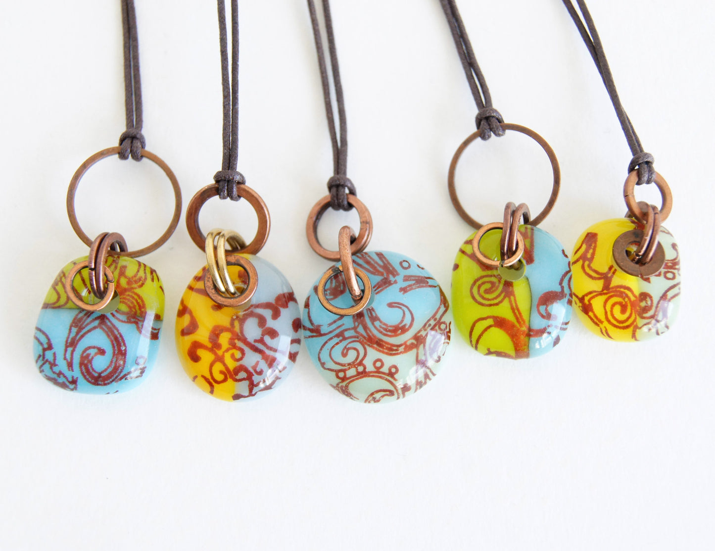 Glass Drop Necklaces with Copper and Brass