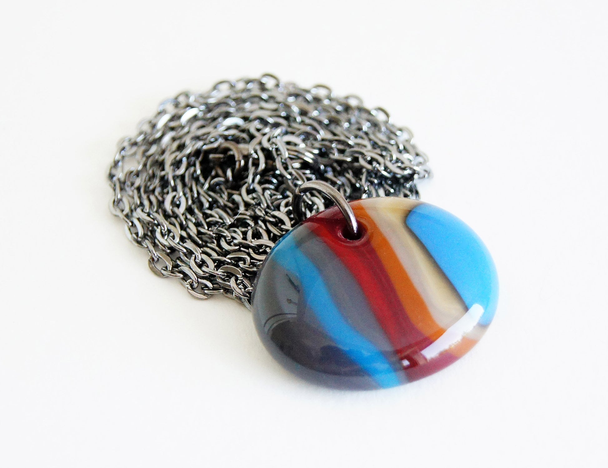 blue red and brown striped glass ooak necklace on oxidized chain