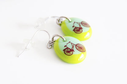 bike earrings handmade in green