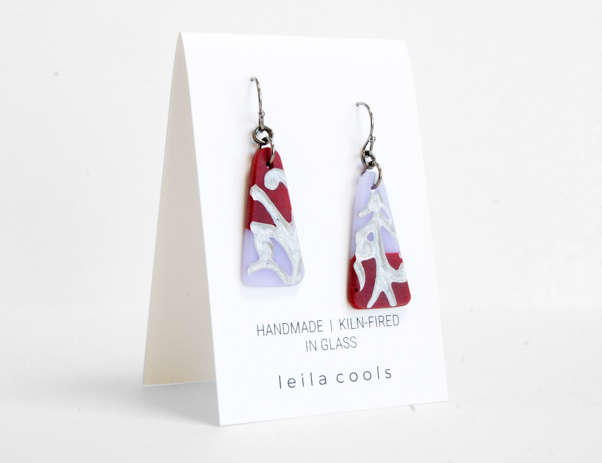 artisan earrings dark red and lavender with silver