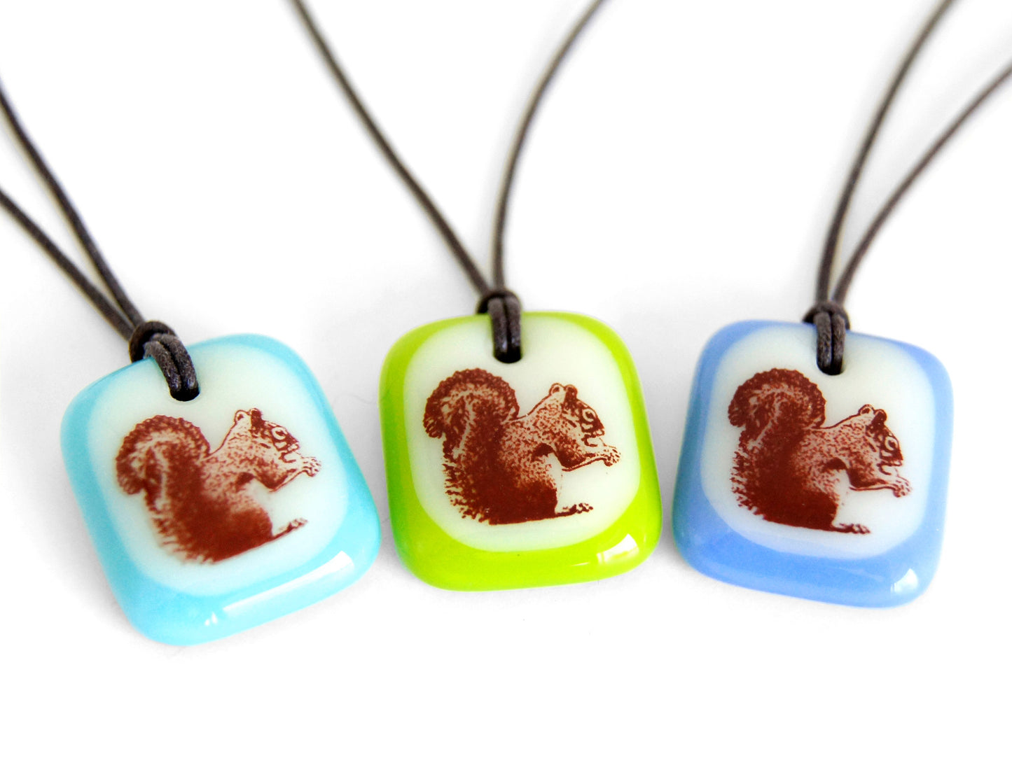 Squirrel necklaces in multi colours. 