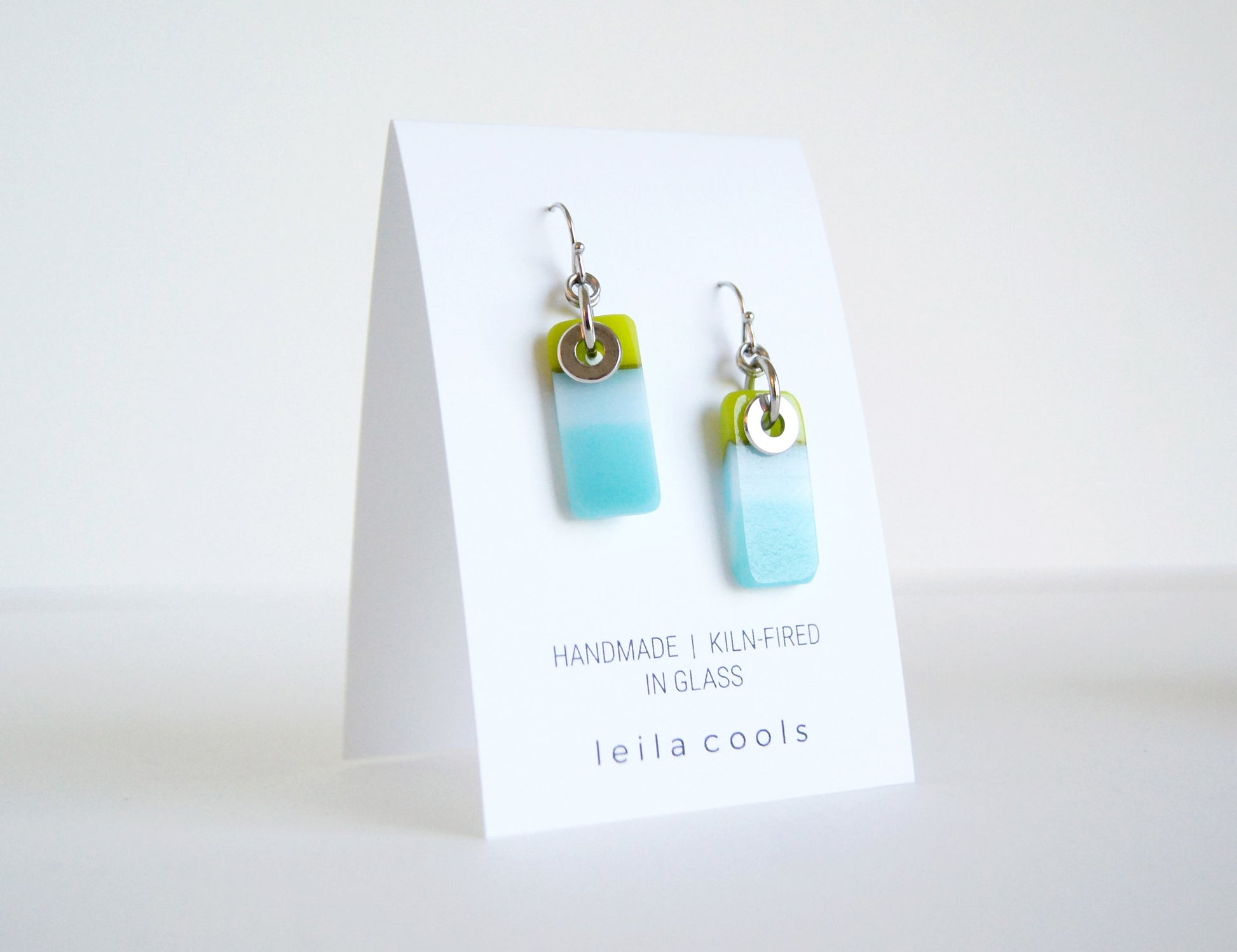 color block earrings apple green and aqua blue
