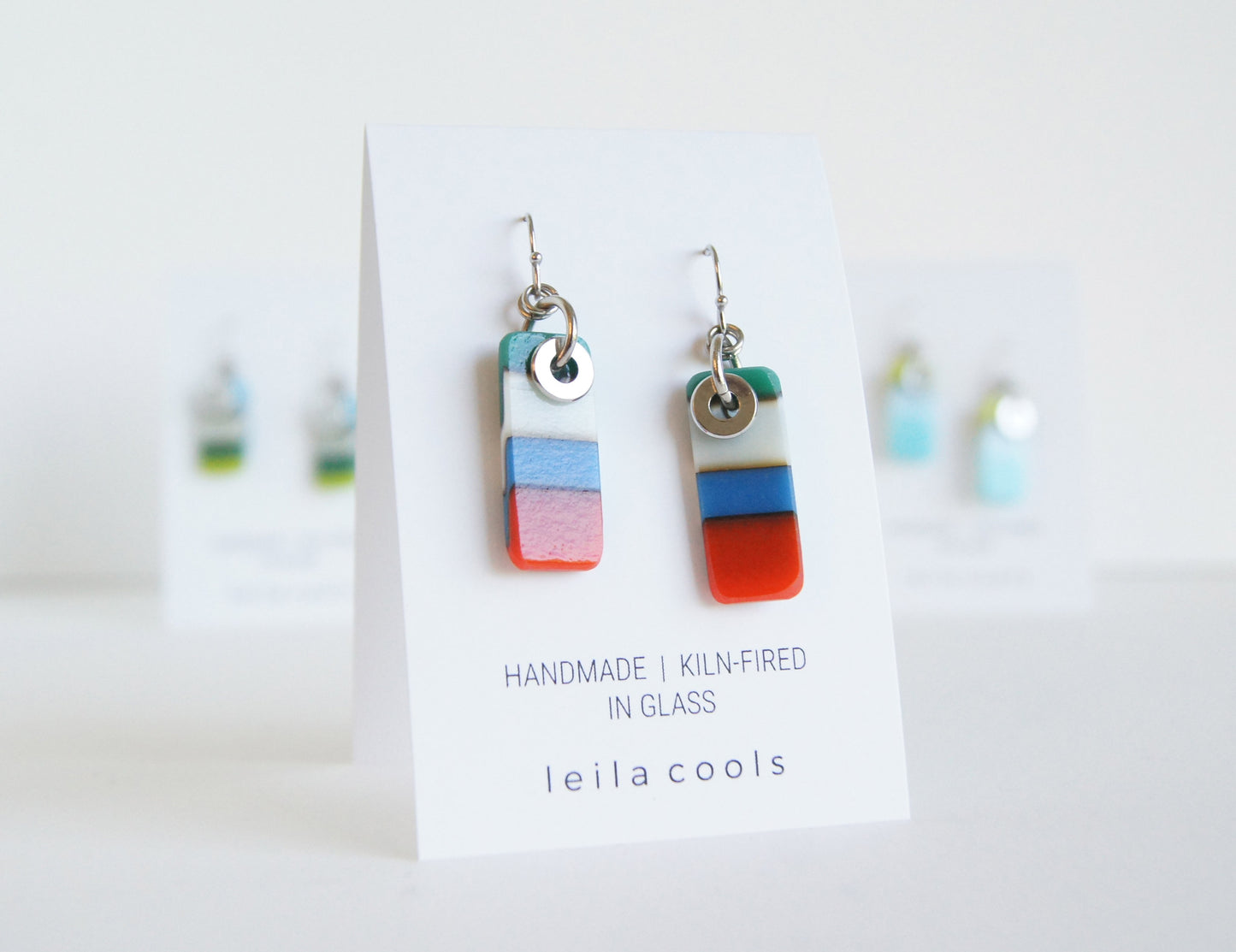 color block earrings in royal blue, jade green and red