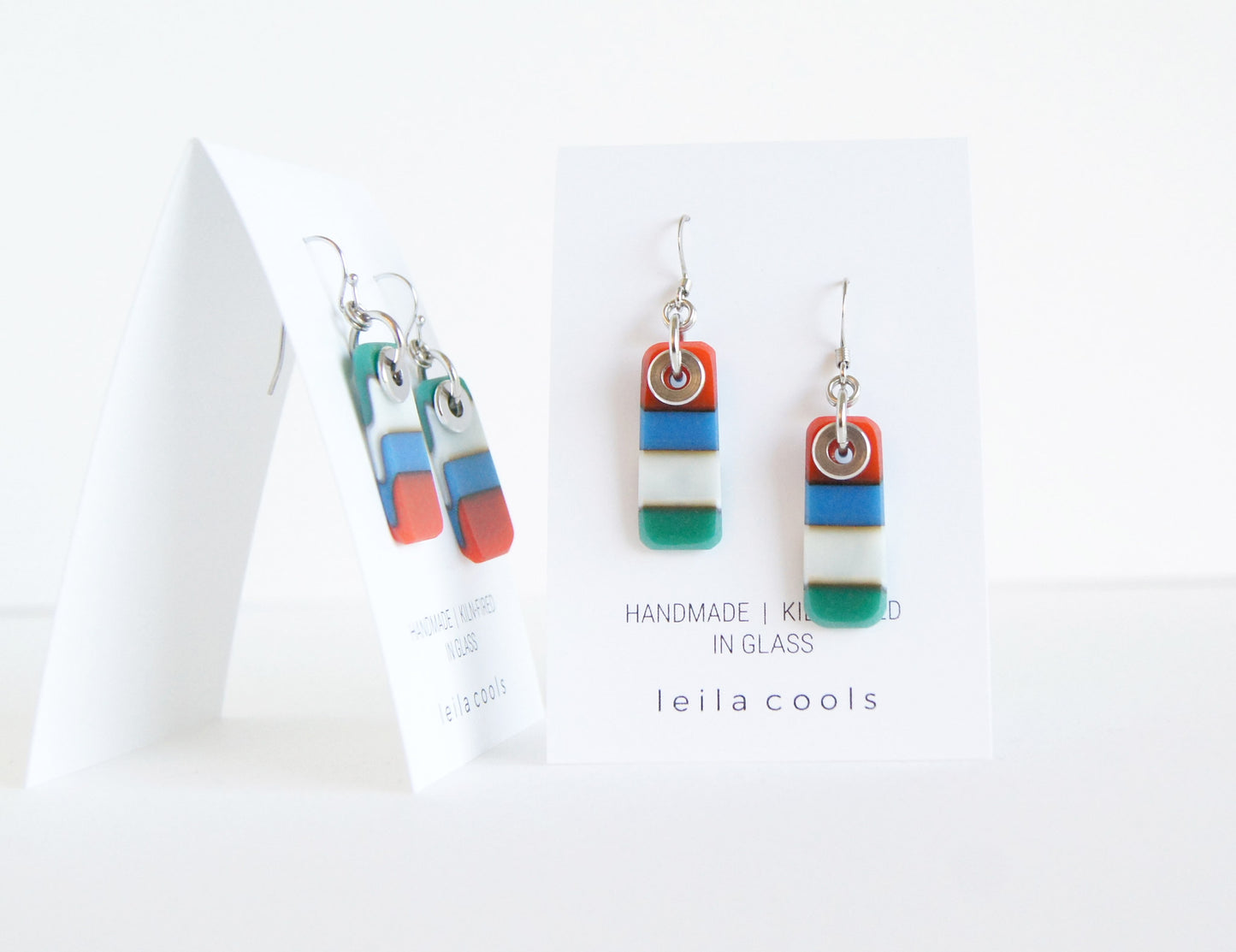 Red, blue, green color block earrings handmade in glass