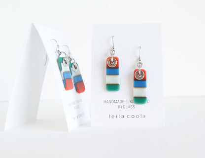 Red, blue, green color block earrings handmade in glass