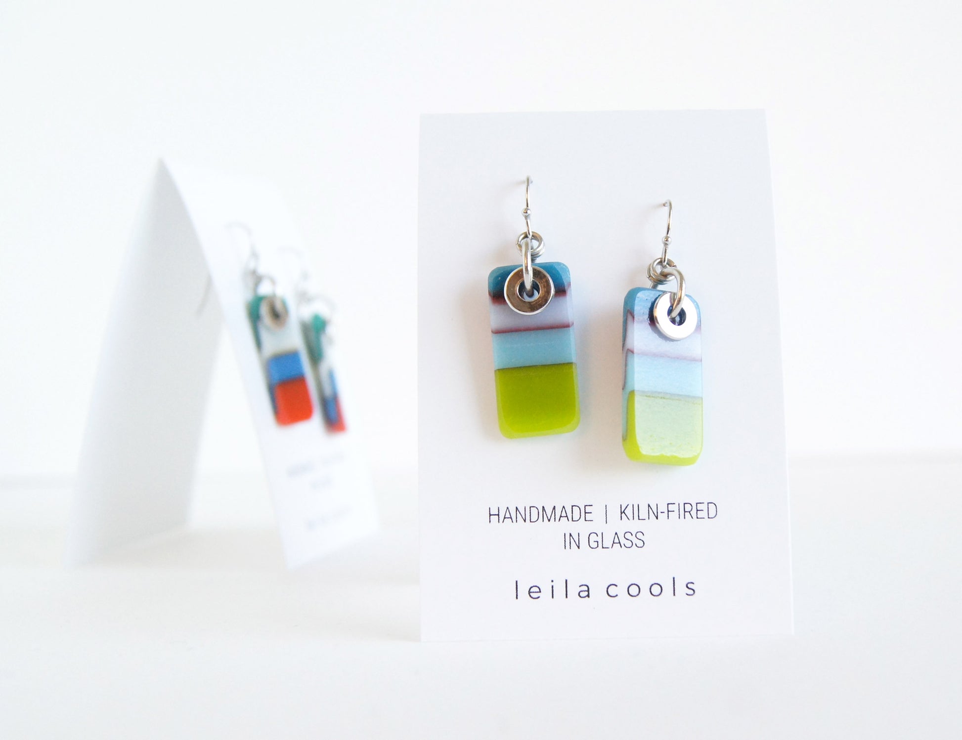 handmade drop earrings in teal blue, turquoise and green